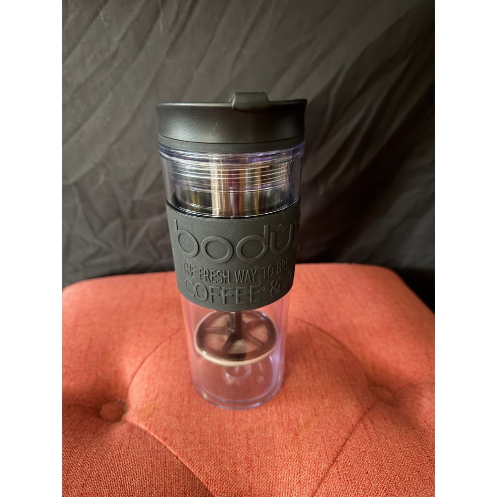 Bodum Travel French Press Coffee Maker Black Silicone Grip Clear Plastic 15oz